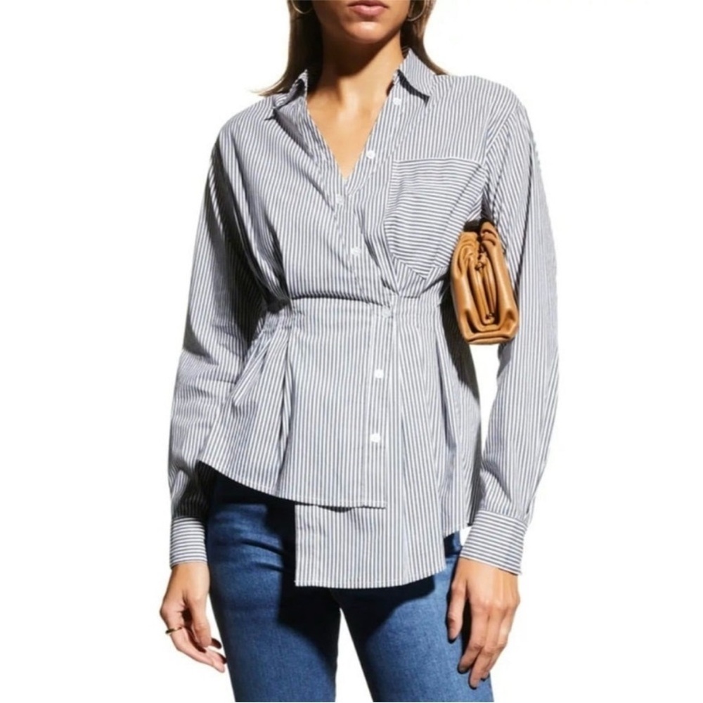 Veronica Beard Rosamund Striped Asymmetrical Wrap Shirt in Charcoal/White Size 8 - Picture 2 of 12
